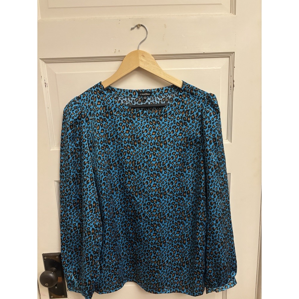 J. Peterman Women's Blue Leopard Satin‎ Long Sleeved Blouse Size 4